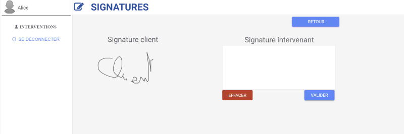 Dans cet exemple, le client a signé, mais pas le technicien Dans cet exemple, le client a signé, mais pas le technicien
