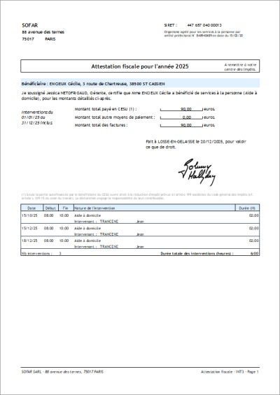 Exemple d'attestation fiscale de service à la personne Exemple d'attestation fiscale de service à la personne