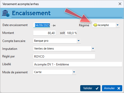 L'encaissement d'une écriture de régime "Acompte"